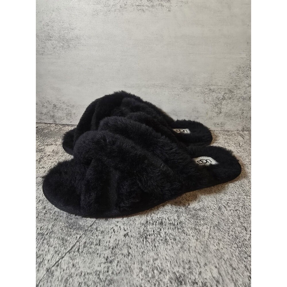 UGG FUZZETTE BLACK SHEARLING LINED MOCASSIN SLIP ON SANDAL US 9 / EU 40 / UK 7